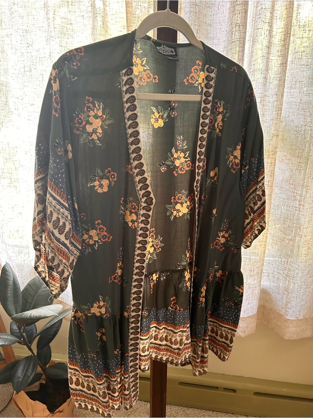 Boho Floral Kimono Cardigan - Black with Mustard & Rust Flowers